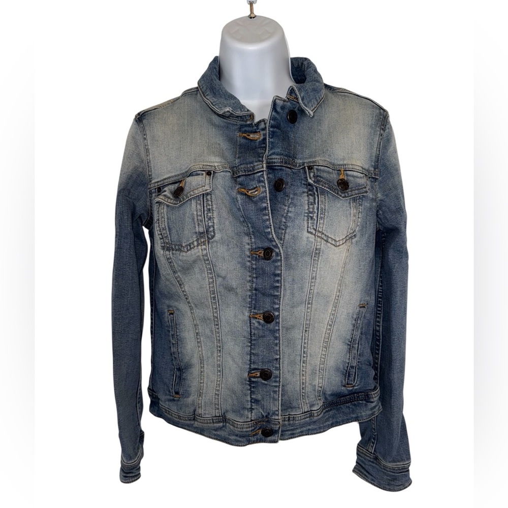 Mango MNG Faded Distressed Cotton Blend Blue  Jean Jacket SizeM